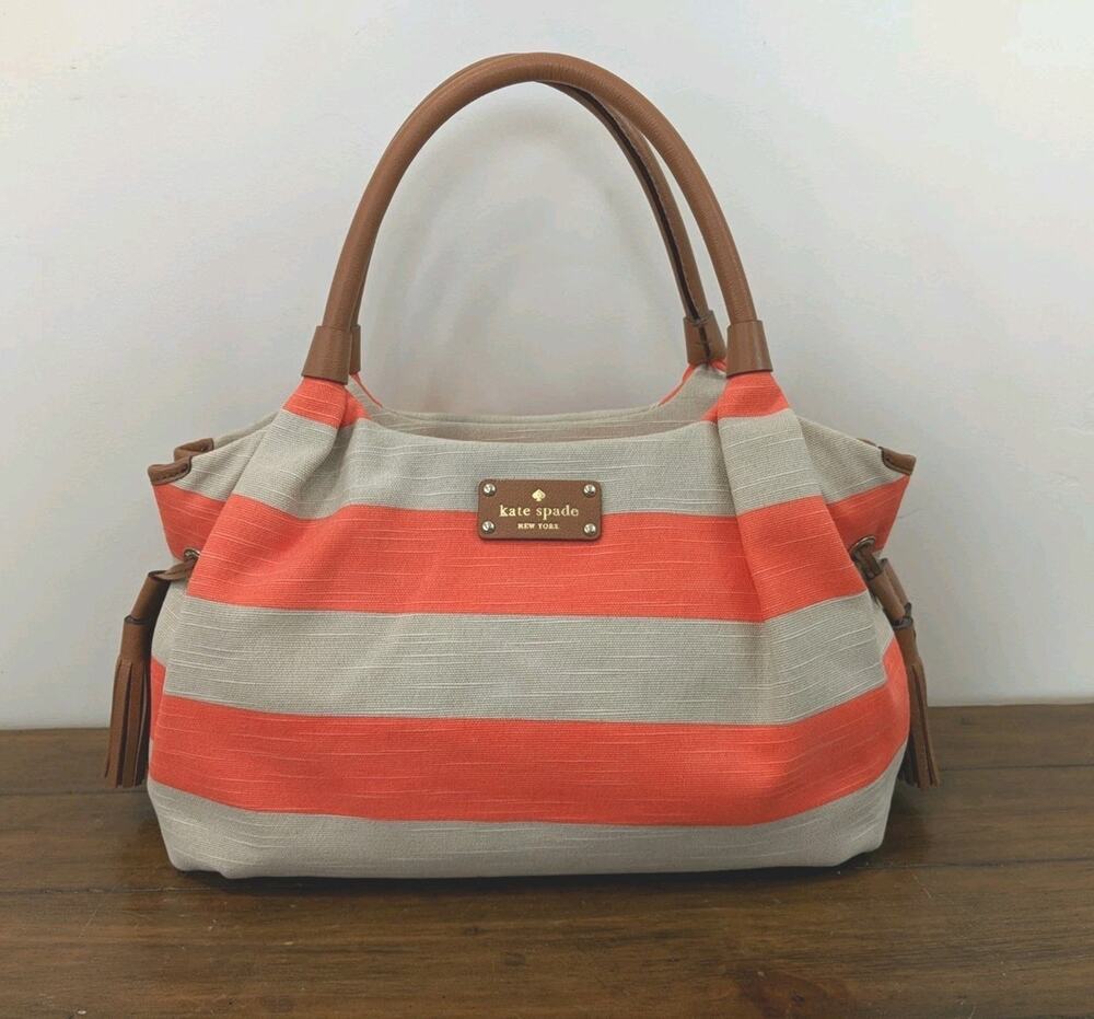 Kate Spade Jubilee Stripe Stevie Shoulder Bag Orange/Khaki Canvas EUC